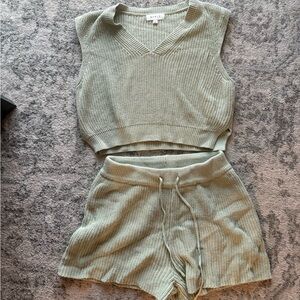 Sage Green Knit Sleeveless Top and Shorts Set